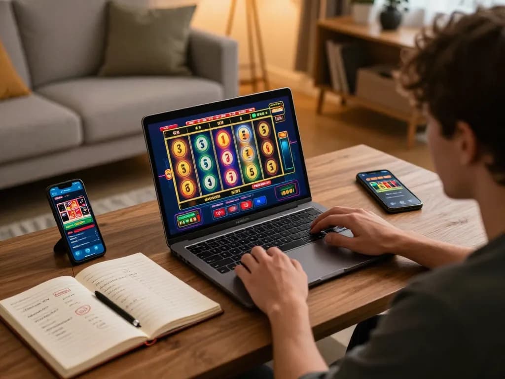 Engaging in aman788 online slot gameplay with colorful reels displayed on laptop, showcasing responsible gambling.