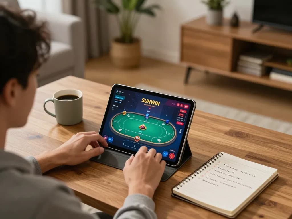 Engaging online gameplay on SUNWIN with tablet and poker game interface in a cozy home setting