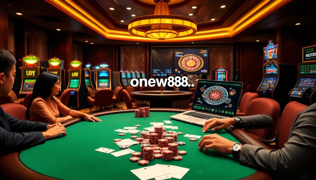 Engaged gamblers enjoy a professional casino experience at https://onew88.com/ with vibrant slot machines and a poker table.