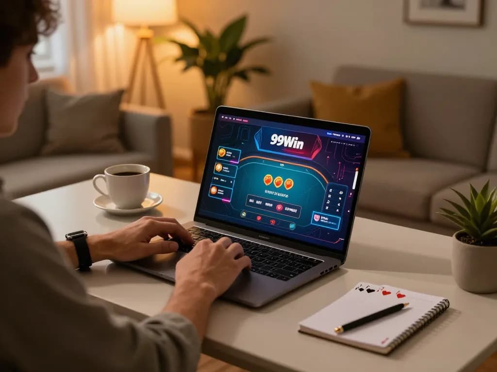 Player engaging in a 99Win online poker game with a cozy home setup and warm lighting.