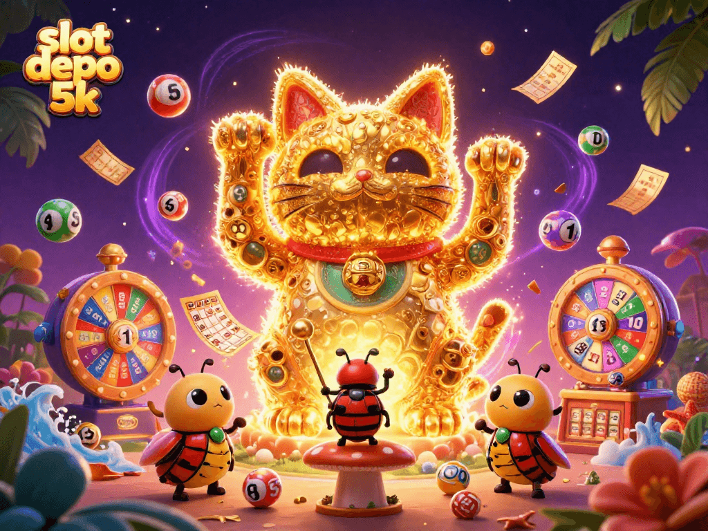 Experience the thrill of slot depo 5k with vibrant lucky symbols and exciting casino elements.