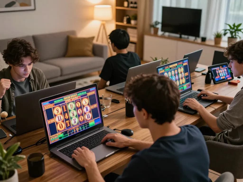 Players engaging in slot 5k gameplay from home, celebrating wins in a cozy room.