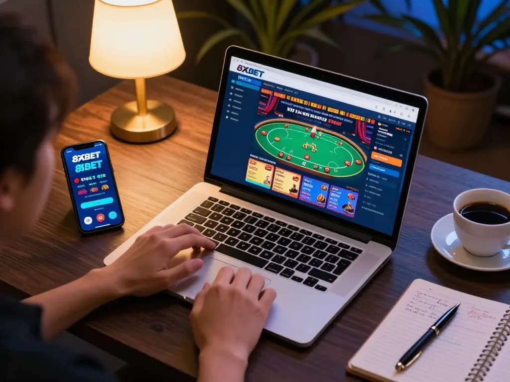 Engaging gameplay at nhà cái 8xbet shown on a laptop with strategic notes nearby.