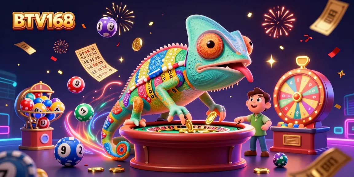 BTV168 casino illustration featuring a colorful chameleon owner and dynamic lottery elements in a vibrant scene.