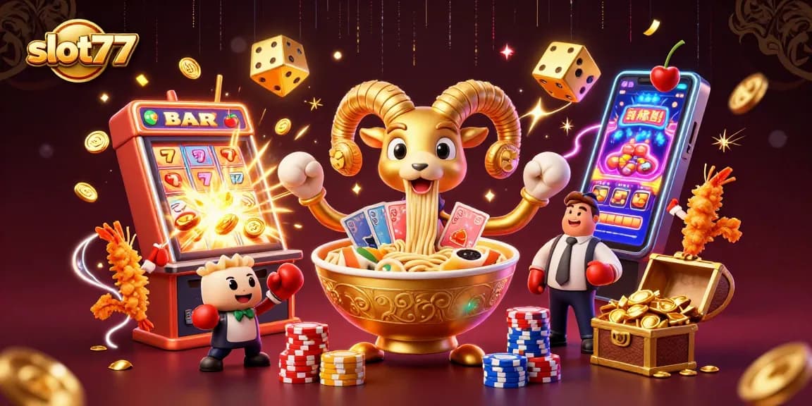 Spin to win with slot77 in a vibrant and lively casino-themed illustration filled with dynamic elements.