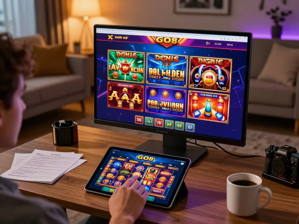 Engaging scene of a player using the GO8 slots app on a tablet, showcasing vibrant online casino dynamics in a cozy home setting.