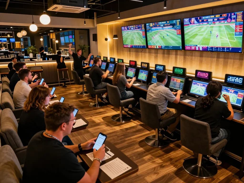 Exciting sports bettors analyzing games on mobile devices at a vibrant m110 betting lounge