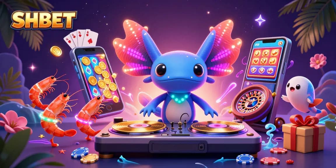 SHBET features a vibrant underwater casino scene with a dancing axolotl DJ and energetic elements.