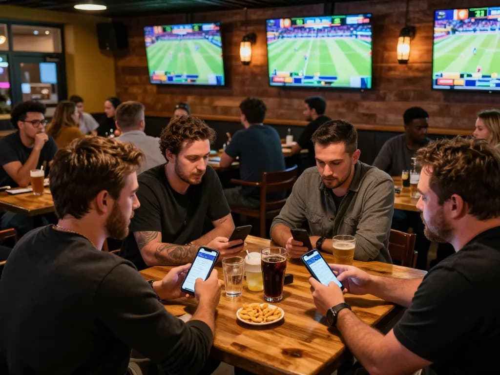 Patrons passionately engaging in sports betting at a lively bar while discussing strategies for SC88