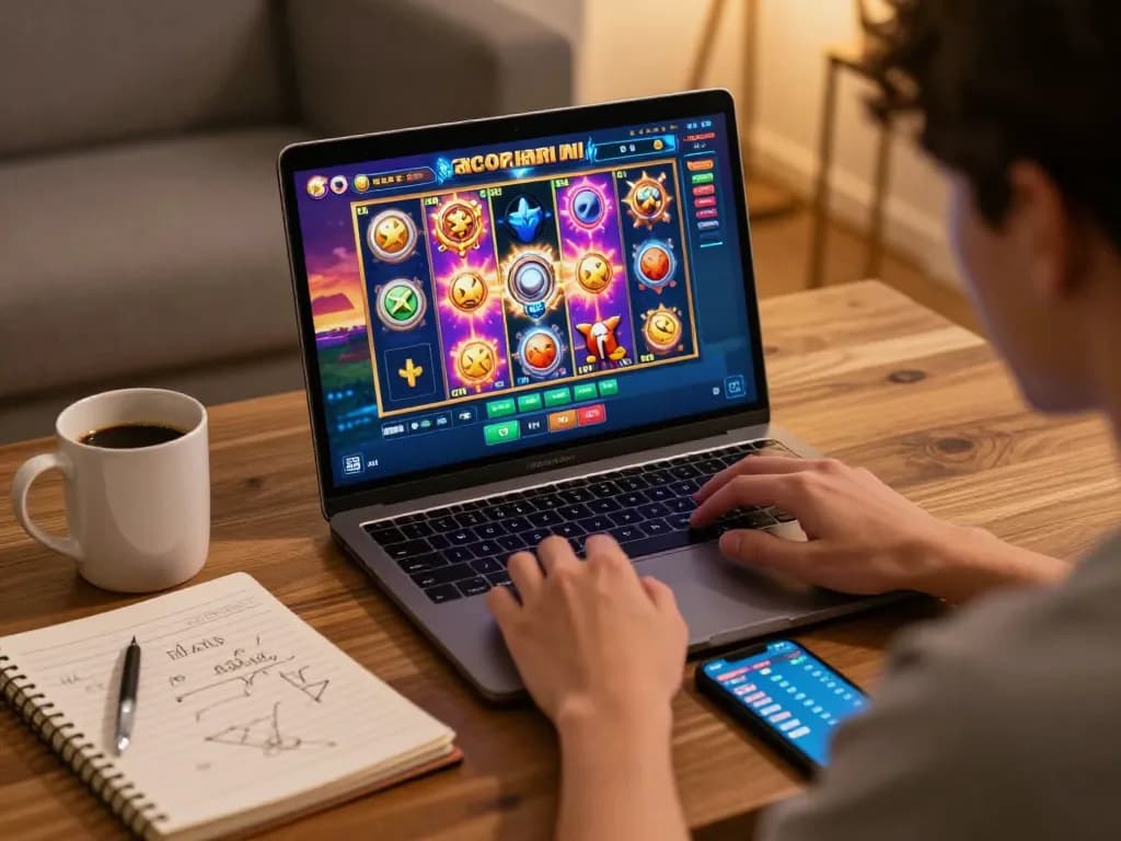 Engaging online gaming scene featuring a player enjoying slot gacor hari ini on a laptop with vibrant graphics and strategic notes.