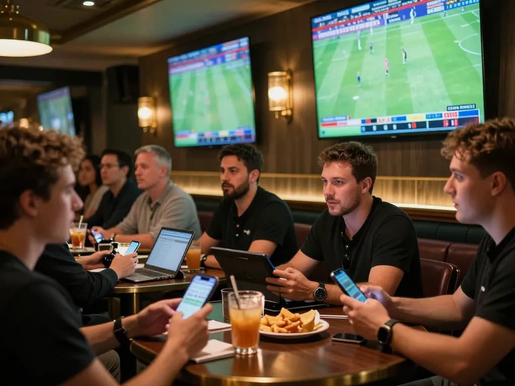 Excited patrons engaging in sports betting at NK88 nhà cái uy tín, lively atmosphere with live Bundesliga matches.