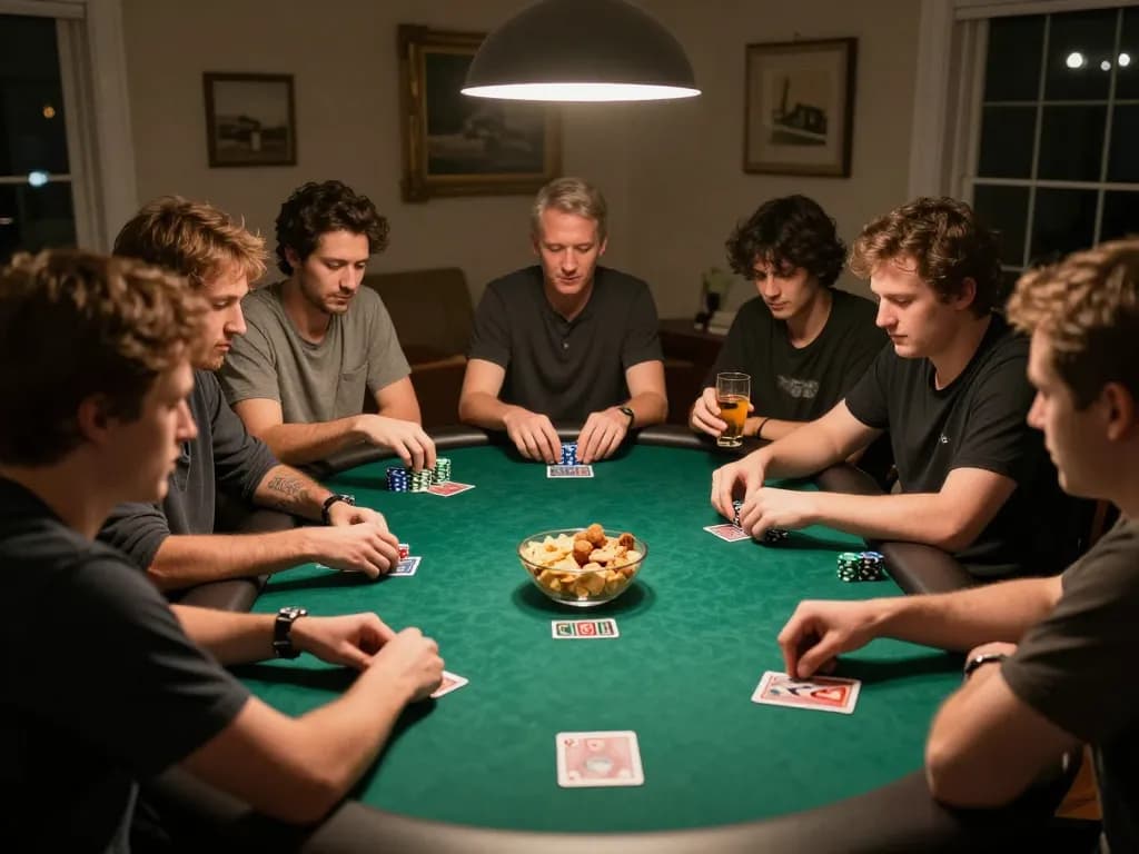 TR88 players engaged in a strategic poker game at home, illustrating excitement and social interaction.