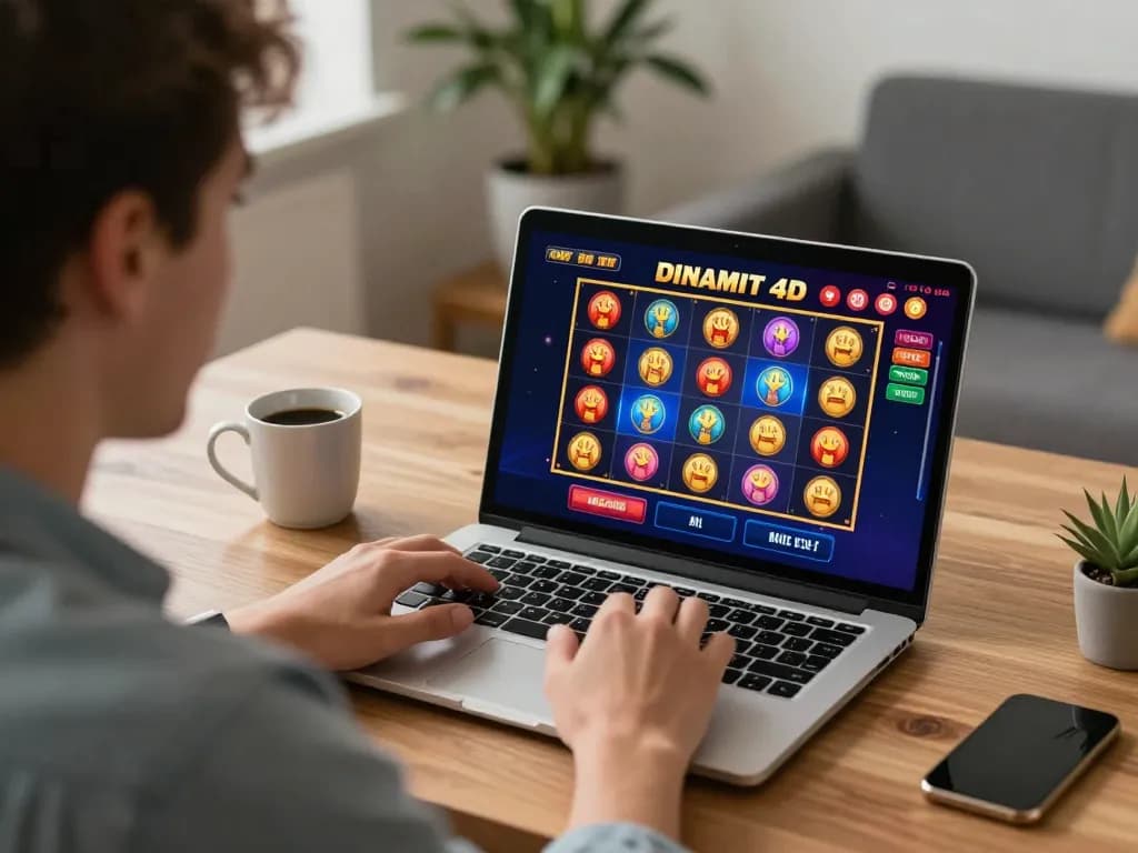 Player engaging with the dinamit4d platform during an online casino session at home, screen glowing with vibrant game graphics.