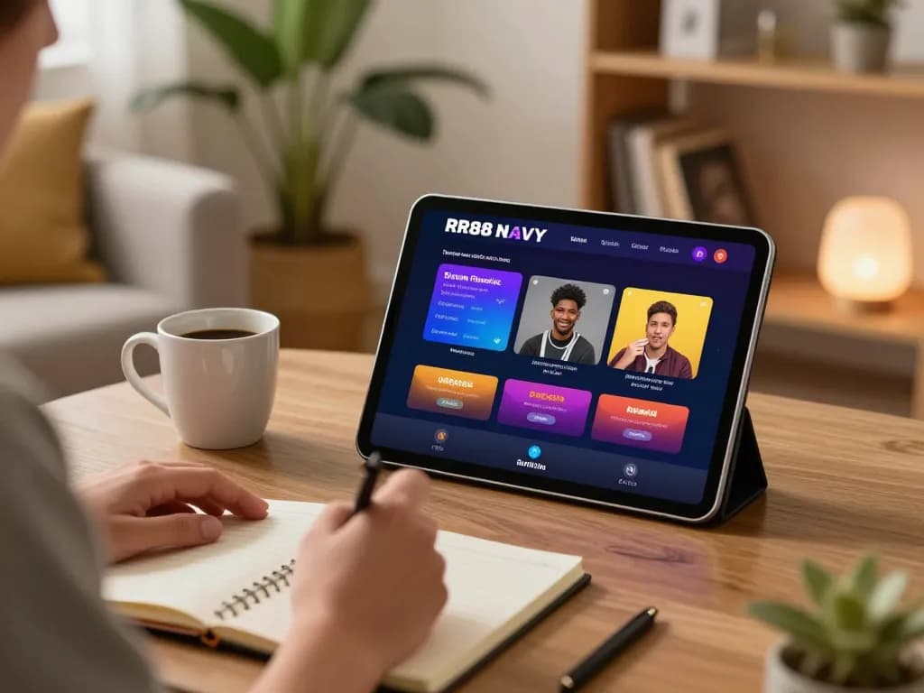 Player engaging with the RR88 NAVY online casino platform in a cozy living room setting.