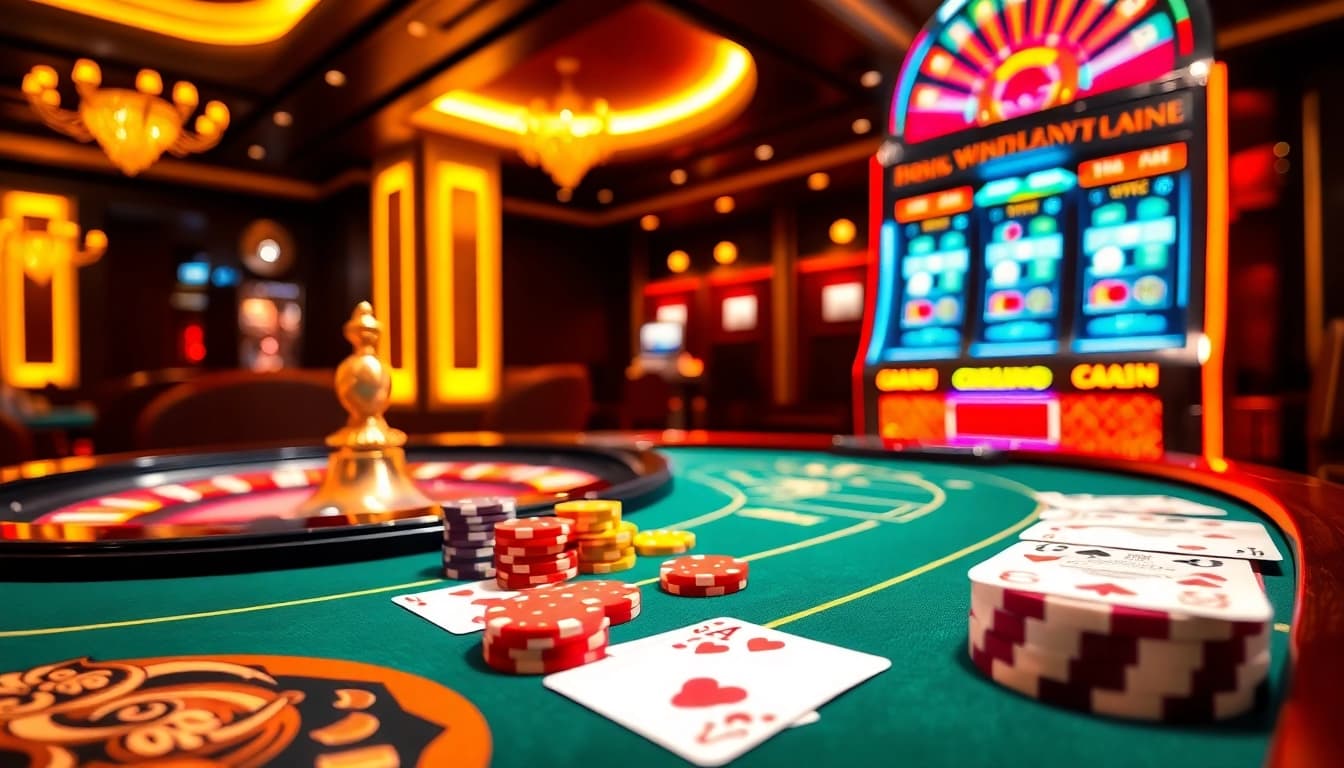 Kkwin casino scene with vibrant games, poker chips, and a roulette wheel for an engaging gaming experience.