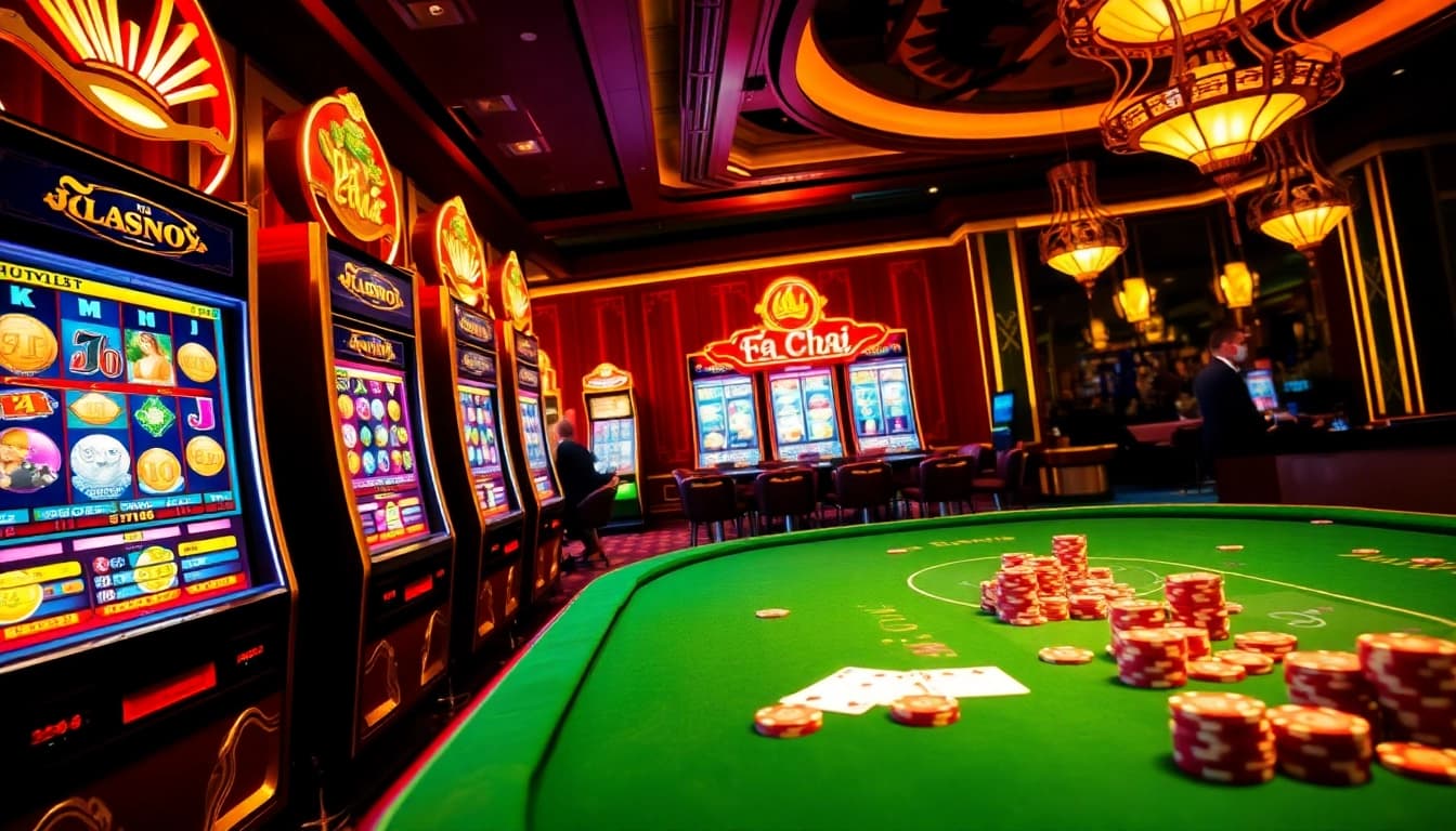 Engage in the exciting ทดลองเล่นสล็อตFa Chai slot game amidst a vibrant casino environment.