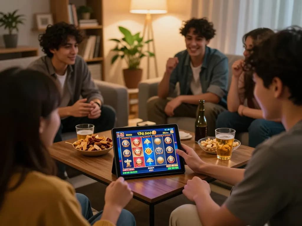 Teman-teman bermain game Slot Demo PG Soft Mirip Asli di tablet dalam suasana rumah yang nyaman.