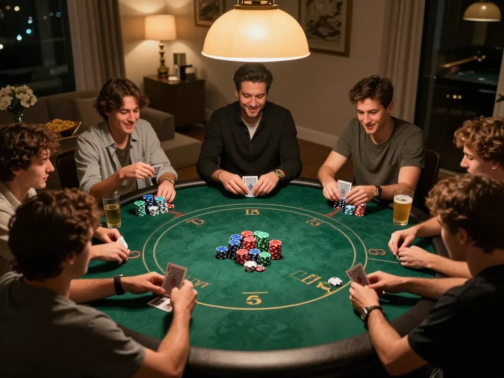 Engaging poker game with friends at home, showcasing https://rr888.shopping/ for a fun casino experience.