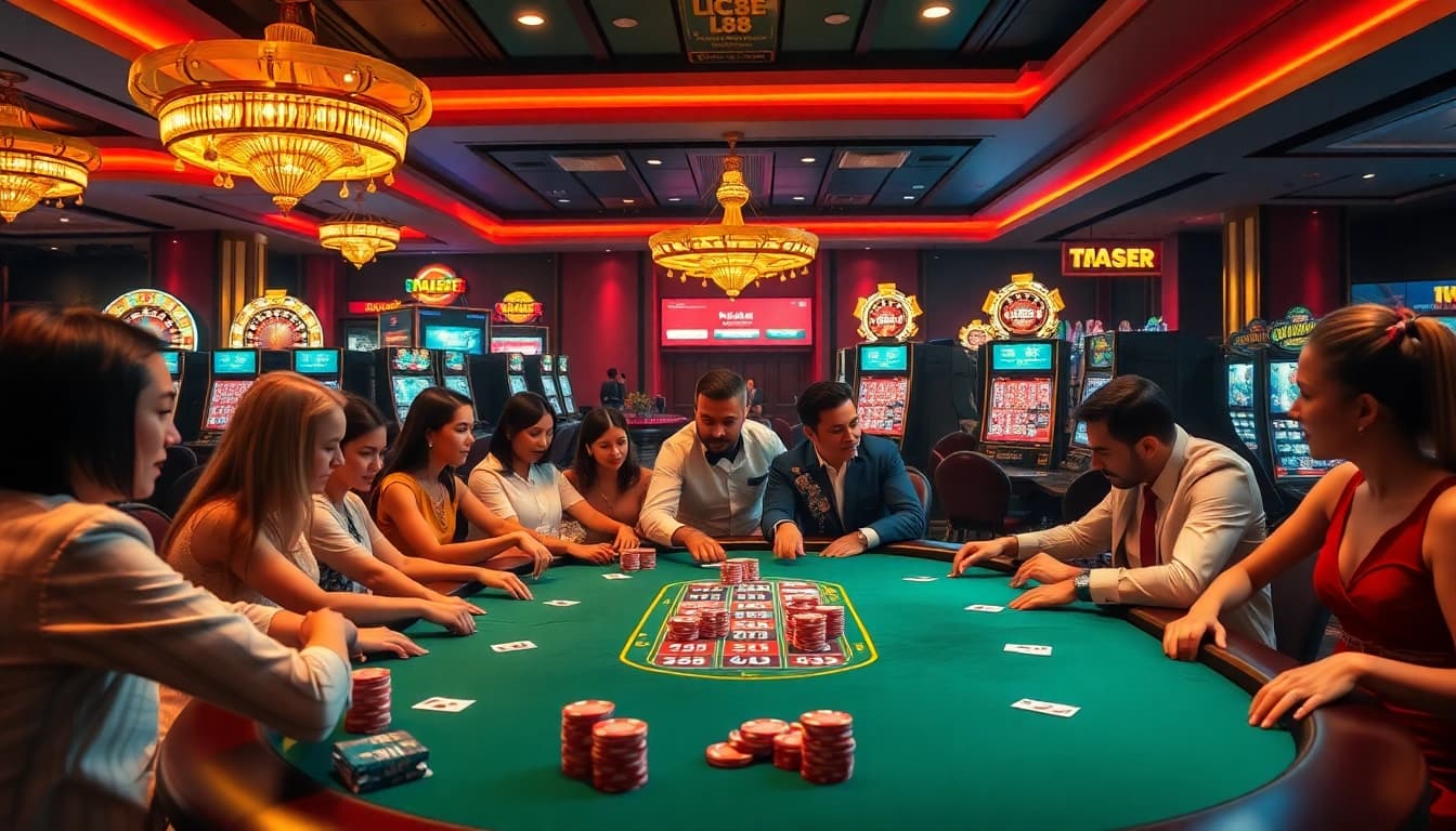 Catching the excitement of players at lc88's luxurious poker table with vibrant casino elements.