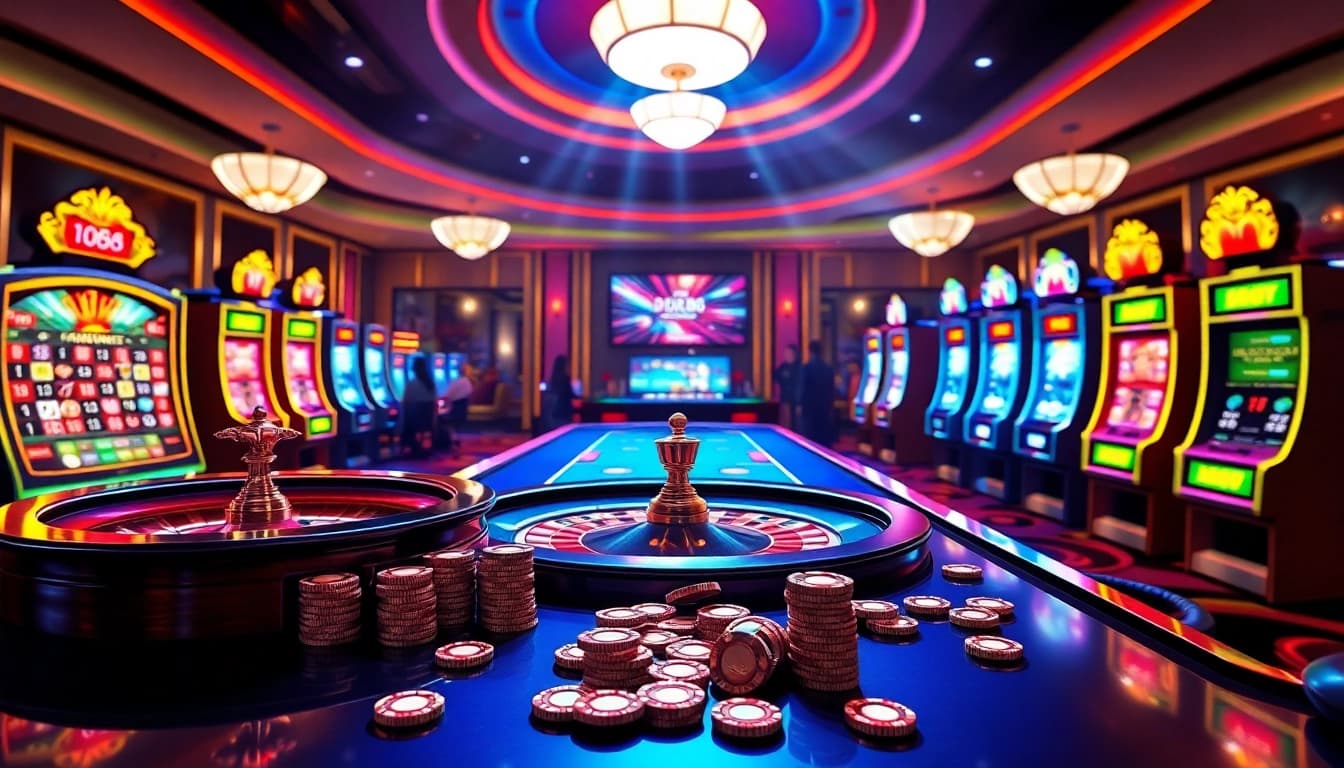 Action-packed gambling scene at nhà cái dh88 featuring poker, roulette, and vibrant slot machines.