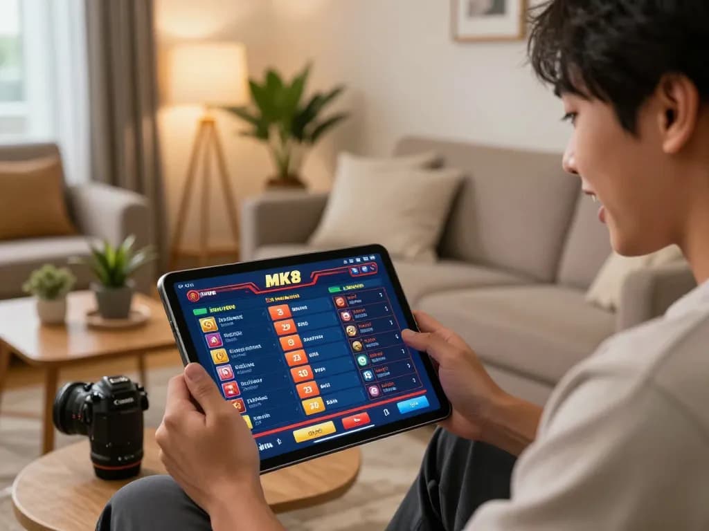 Engaged player analyzing MK8 betting strategies on a tablet in a cozy home setting.