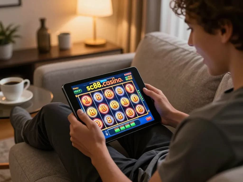 Playing slots on https://sc88.casino/ while relaxing at home, showcasing excitement and modern gaming.