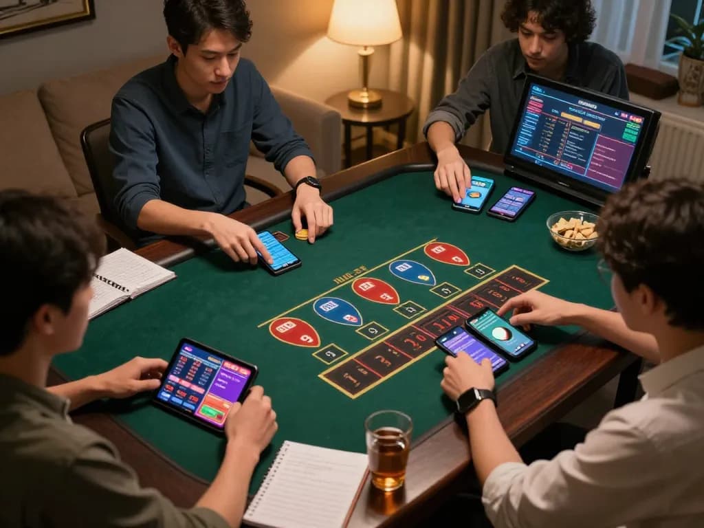 Xóc đĩa online game session showing players enthusiastically placing bets on their devices in a cozy setting.