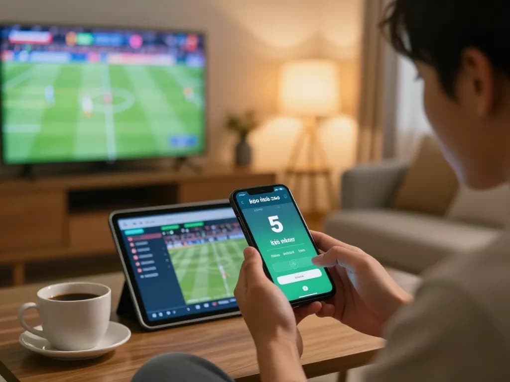 Engaging in online bets with kèo nhà cái 5 on a smartphone, showcasing sports excitement.