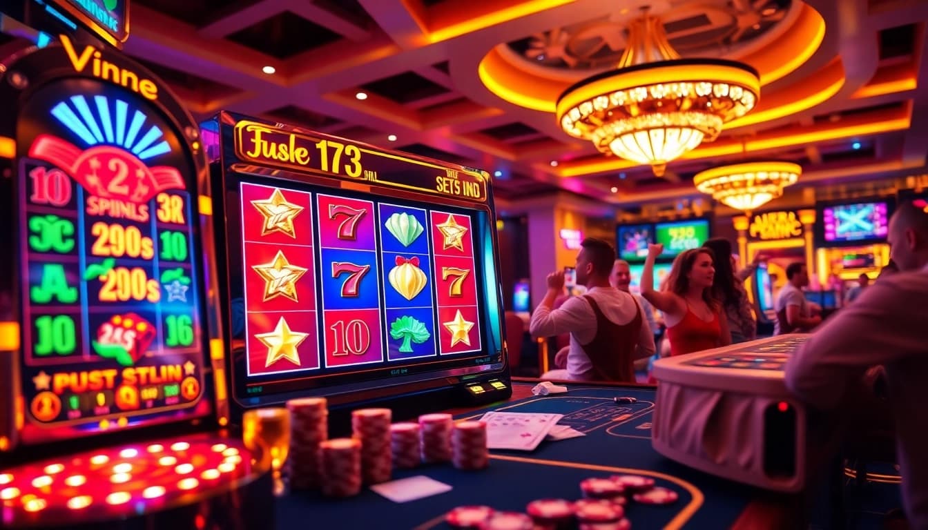 sepuhplay slot machine with colorful reels and casino tables in an exciting atmosphere