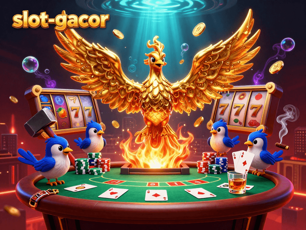 Experience the excitement of slot-gacor with a golden phoenix emerging in a rich casino scene full of slots and poker elements.