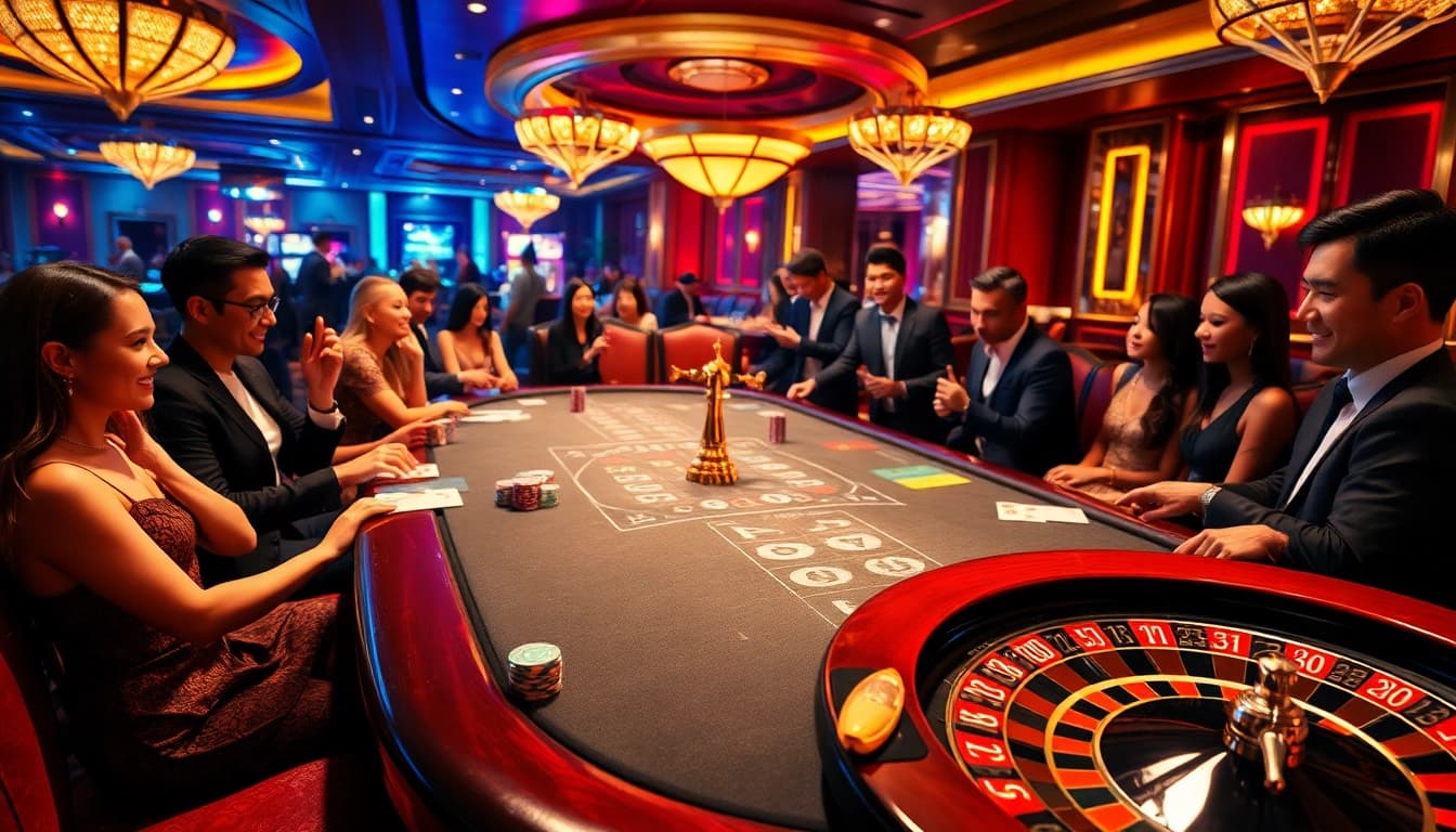 Players enjoying the B52 game at a luxurious casino table, captivating and vibrant atmosphere.