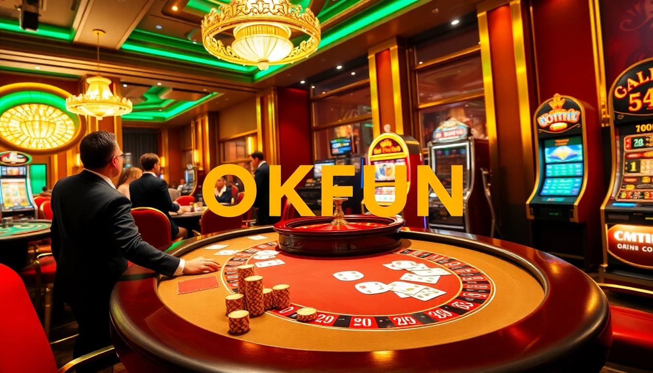 Experience the excitement of gambling with OKFUN at a luxurious casino table.