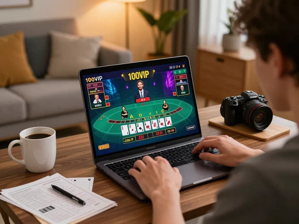 Player enjoying live dealer blackjack at 100VIP in a cozy home setting, showcasing immersive online gambling experience