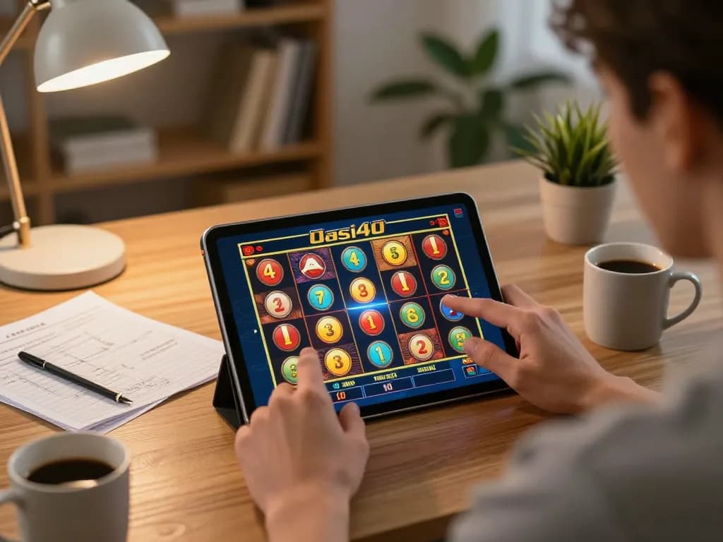 Pengguna DASI4D dengan antusias memutar gulungan di tablet dengan tumpukan catatan strategi.