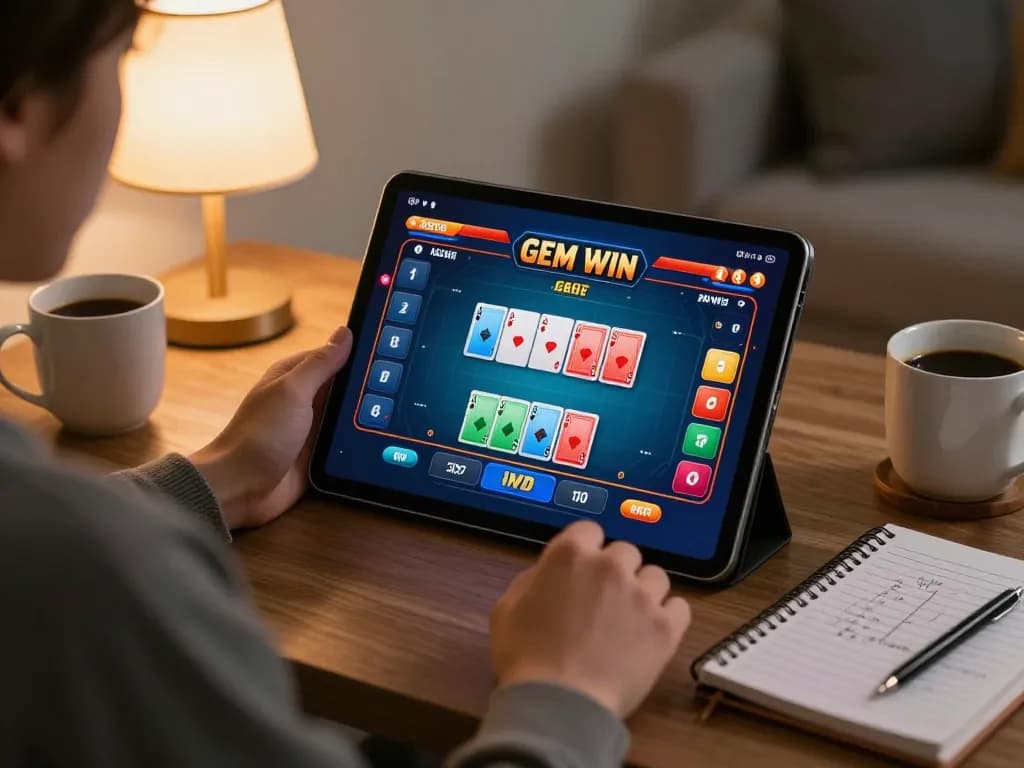 Engaging in a GEM WIN poker game on a tablet in a cozy home setup.