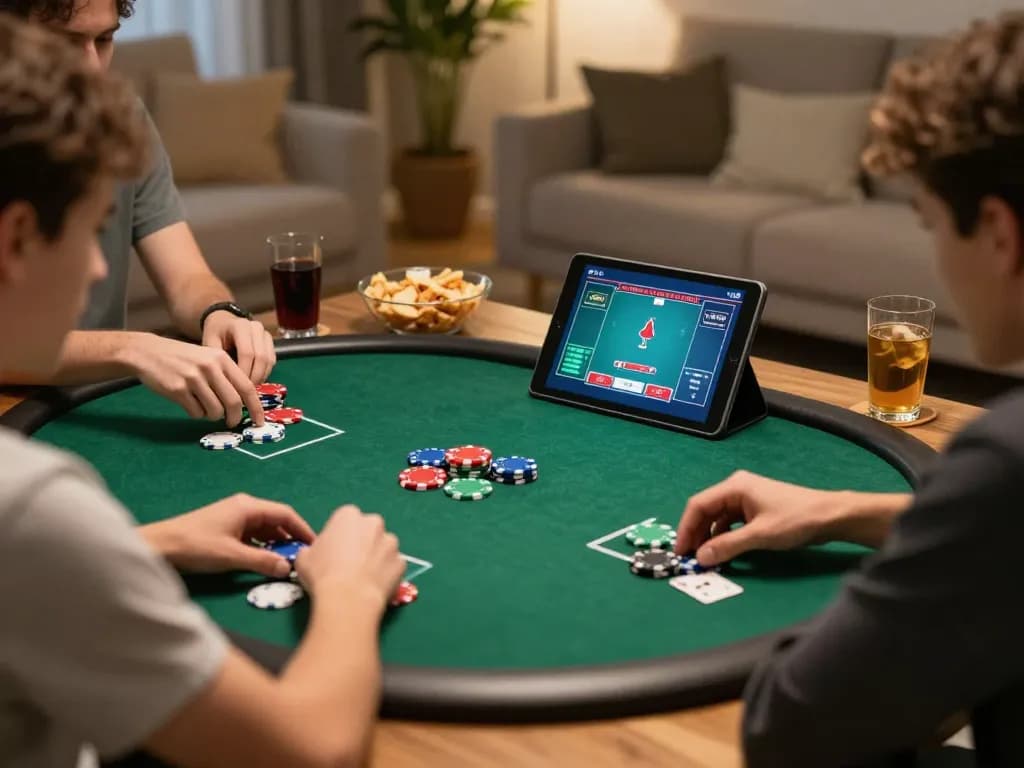 Players enjoy an online poker game on 88aa, surrounded by chips and snacks in a cozy setting.