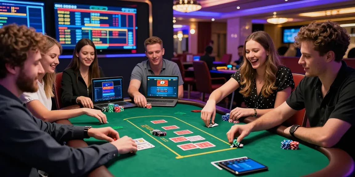 Credit card casinos at https://scoarch.org.uk featuring vibrant gaming atmosphere with players engaged at a poker table.