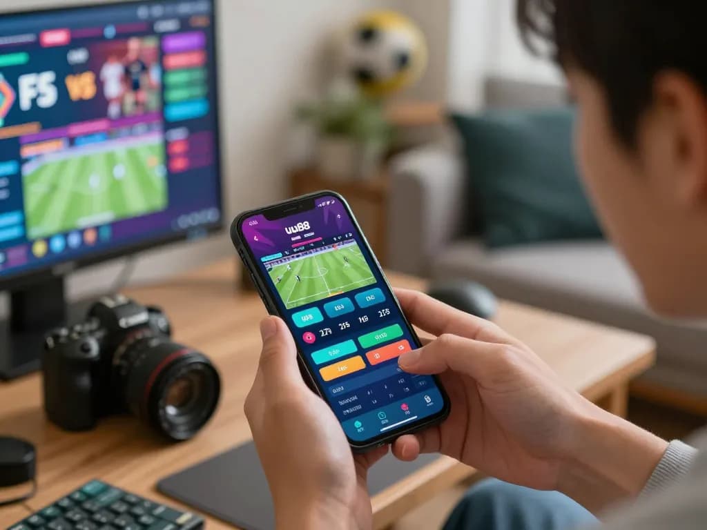 Engaging with the uu88 bet app for live sports betting in a modern home setting.