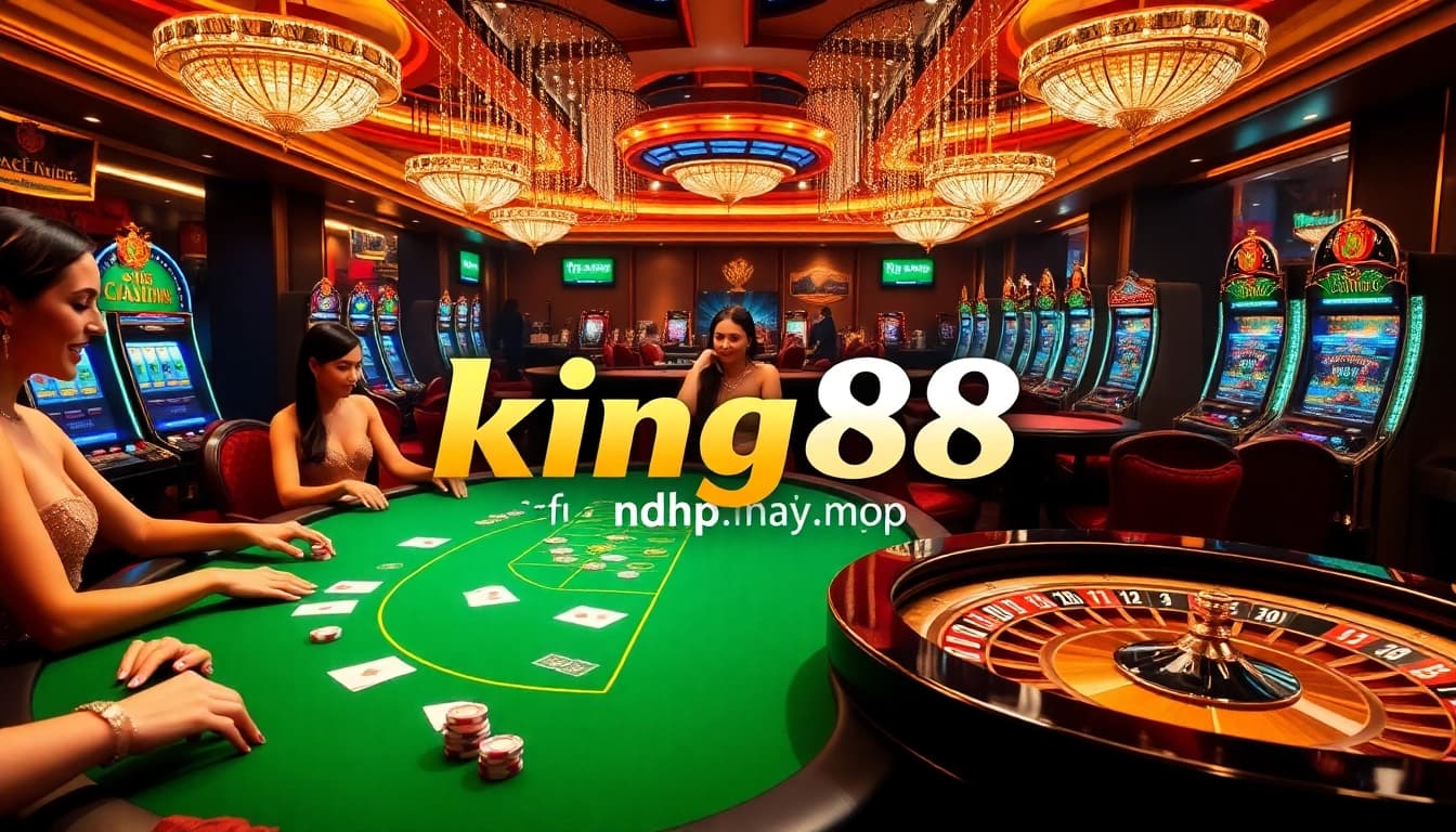 Experience the excitement of king88 đăng nhập at a luxurious casino table, surrounded by eager gamblers playing blackjack.