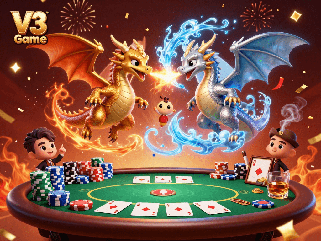 Engage in thrilling poker action with V3 Game, featuring dynamic dragons and poker elements.