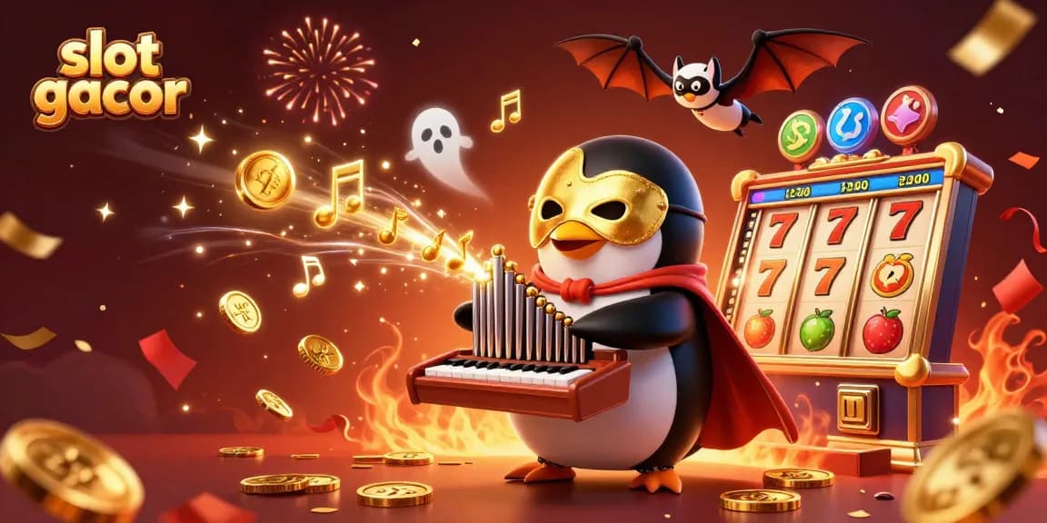 Menangkan slot gacor dengan penguin opera yang bermain organ dan koin emas meluncur, di tengah kemeriahan!