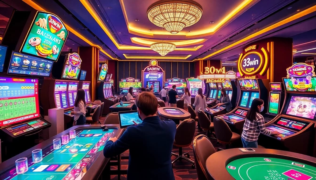Exciting gaming atmosphere at 33win.global, showcasing players enjoying online casino games and engaging in thrilling betting experiences.