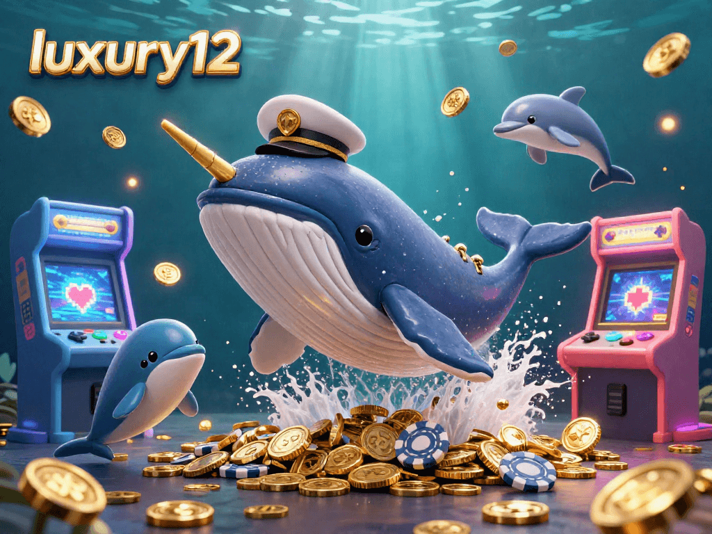 Gambarkan luxury12 dengan paus 3D berwarna cerah, narwhal, dan lumba-lumba bermain dengan chip poker di lautan koin.
