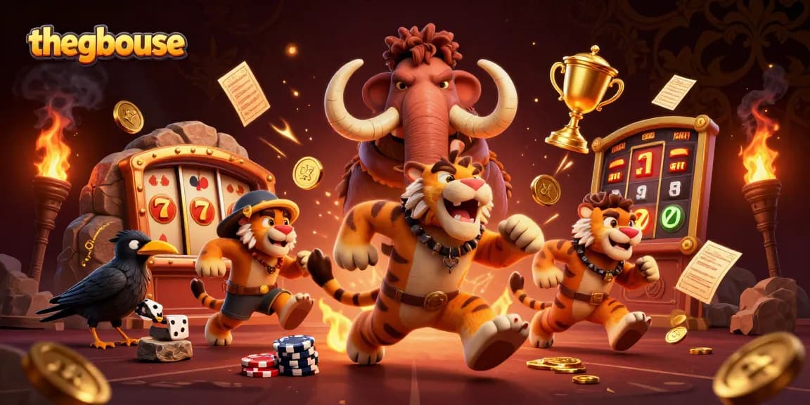 Spin slots and win at thegbhouse with a prehistoric casino adventure illustration.