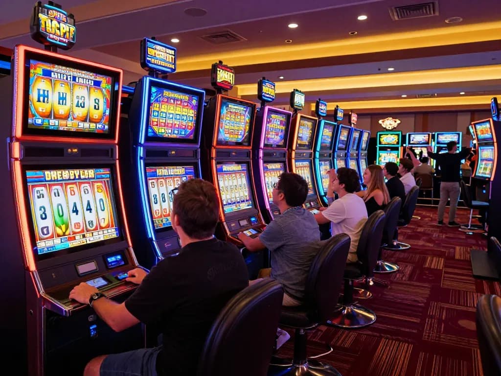 Pemain menikmati keseruan Slot Gacor di atmosfer kasino yang hidup dengan mesin slot yang berwarna-warni