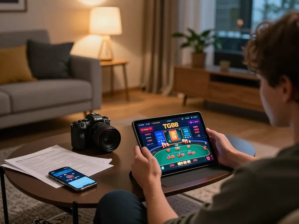 Engaging user playing on TG88 casino app at home, showcasing poker game strategy