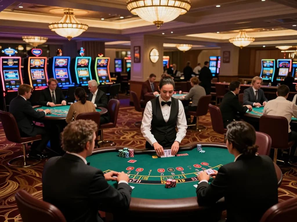 Players engaging in a B52 blackjack game, intense focus on betting strategy at elegant casino tables.