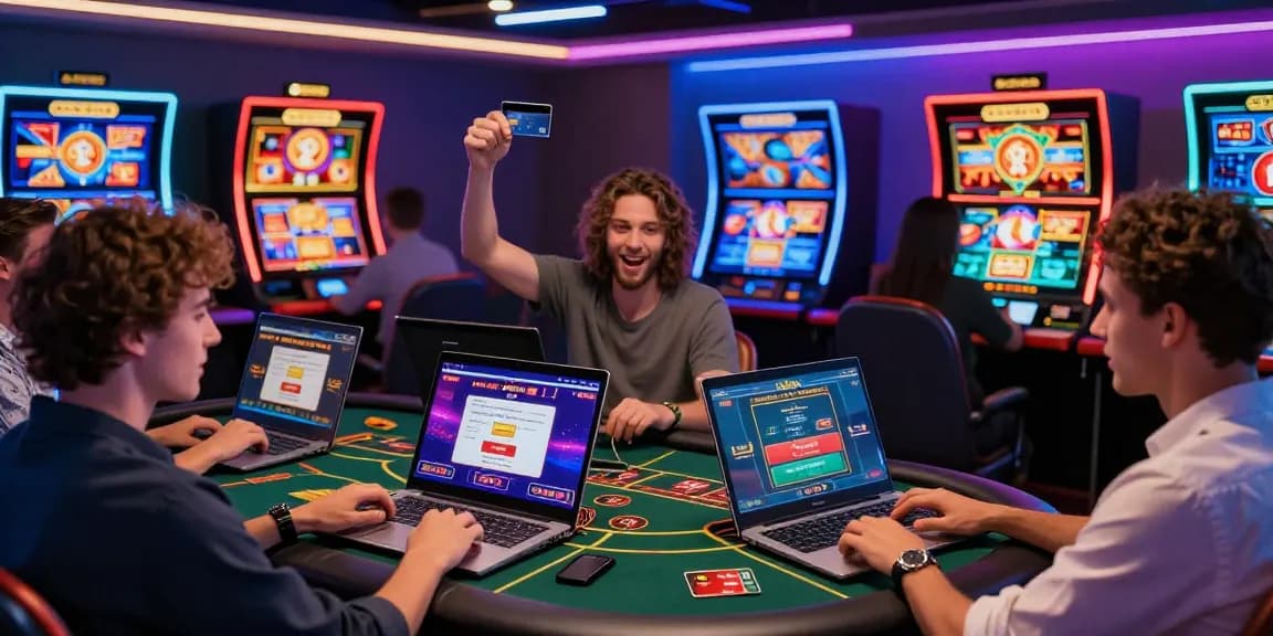Exciting player interactions at credit card casinos featuring vibrant gaming screens and colorful lights.
