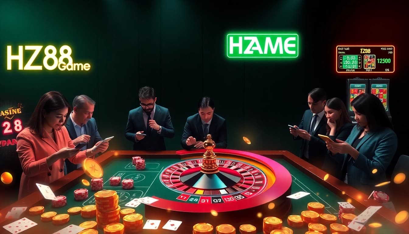 Players engaging in intense betting action on the hz88 game digital roulette and poker tables.
