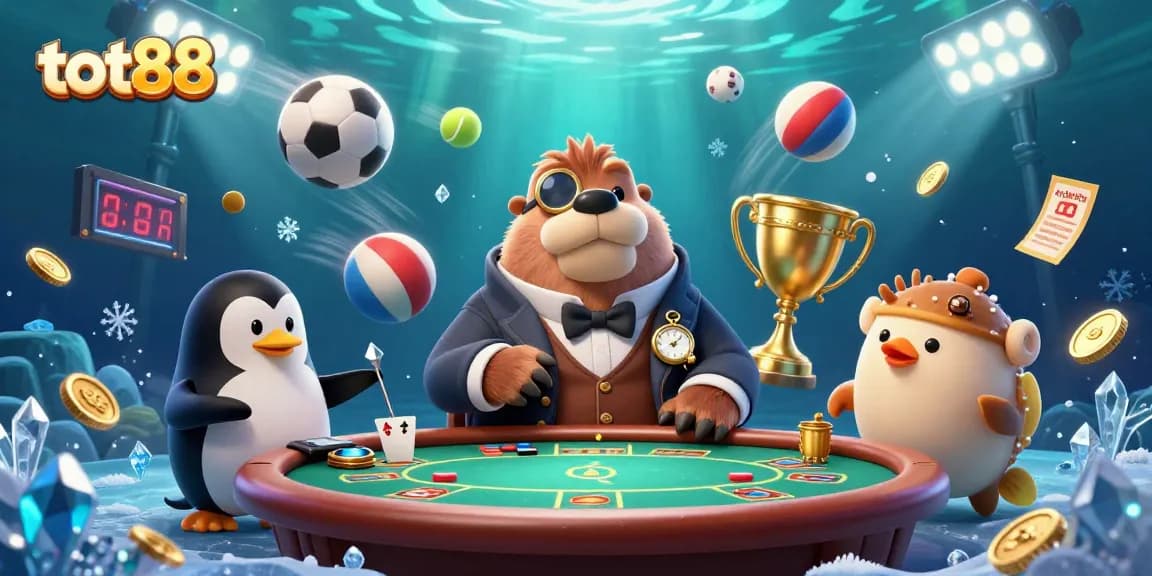 Play poker with tot88's engaging walrus, penguin dealer, and bluffing pufferfish in a vibrant underwater scene.
